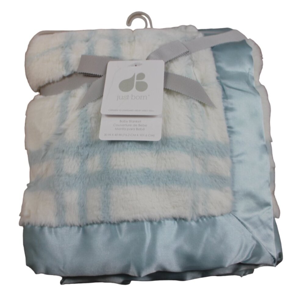 Just Born Baby Blanket Blue White Plaid Plush Faux Fur Satin Edge Boys NWT RARE